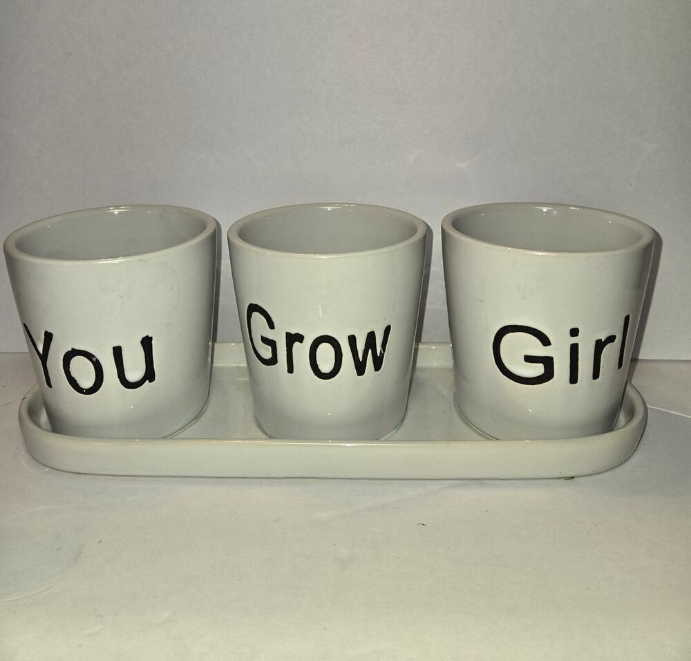 Ceramic Flower Pots 3 On A Tray You Grow Girl Cute Encouragement Christmas Gift